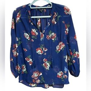 Lucky Brand Womens Blue Floral V-Neck Boho Semi Sheer Print Peasant Blouse Small